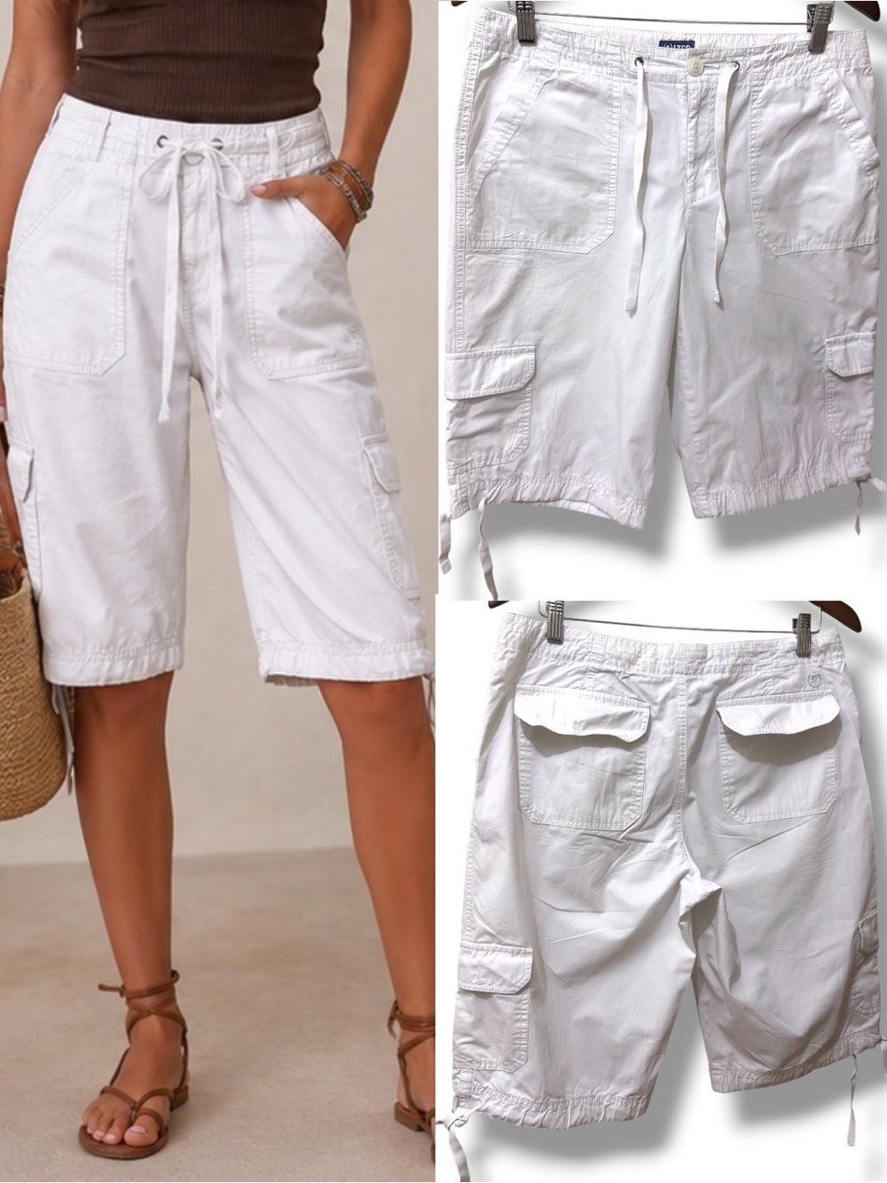 Izod | EUC Y2K 100% Cotton White Drawstring Cargo Bermuda Utility Shorts (sz 8)